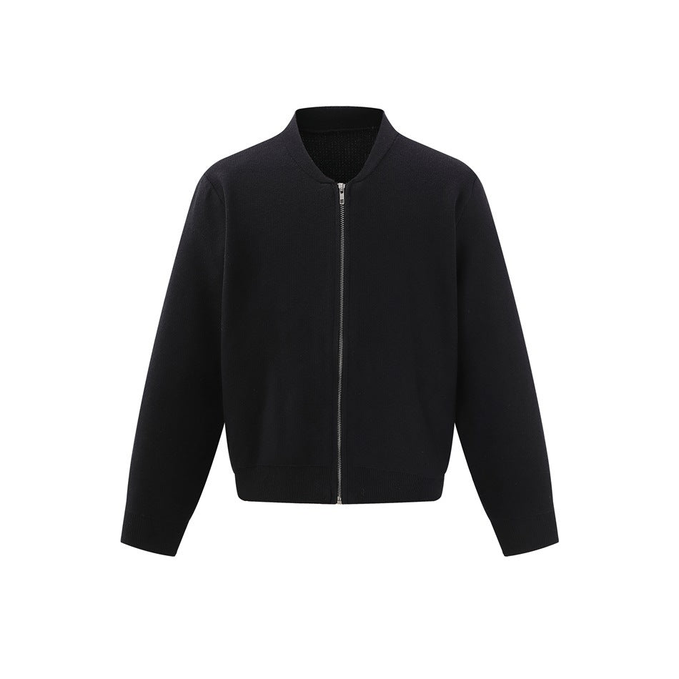 Black knit bomber-style zip jacket with stand collar and ribbed cuffs and hem, front view on white background