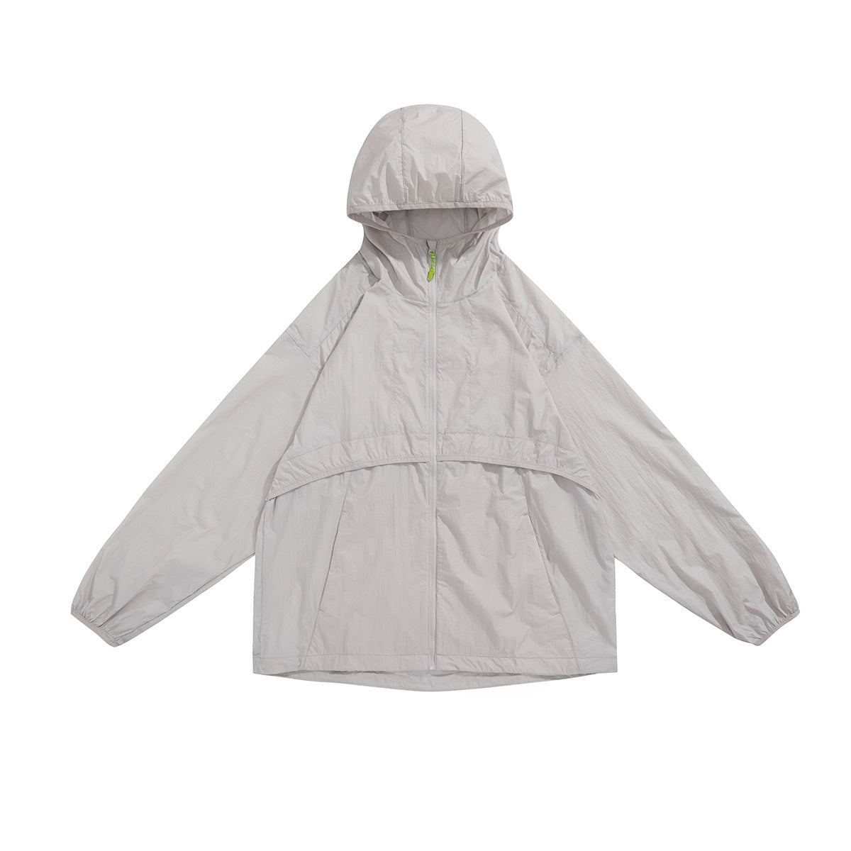 Pale gray hooded zip jacket flat lay, front view, with lime-green zipper pull and chest seam panel