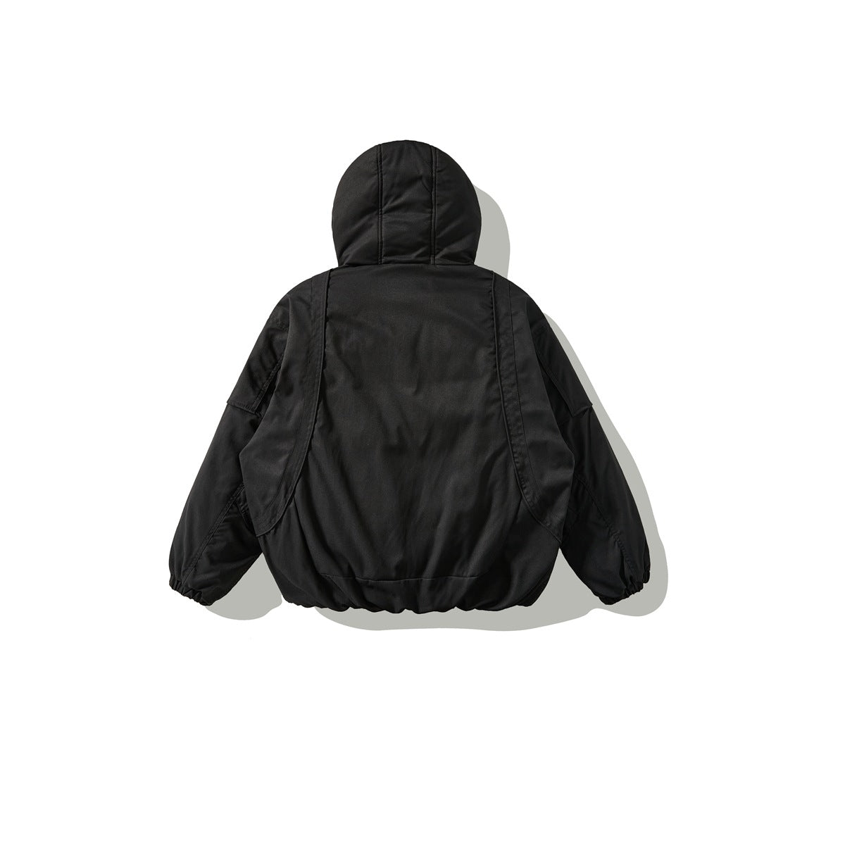 Black hooded jacket shown from the back, with long sleeves and elasticized cuffs and hem.