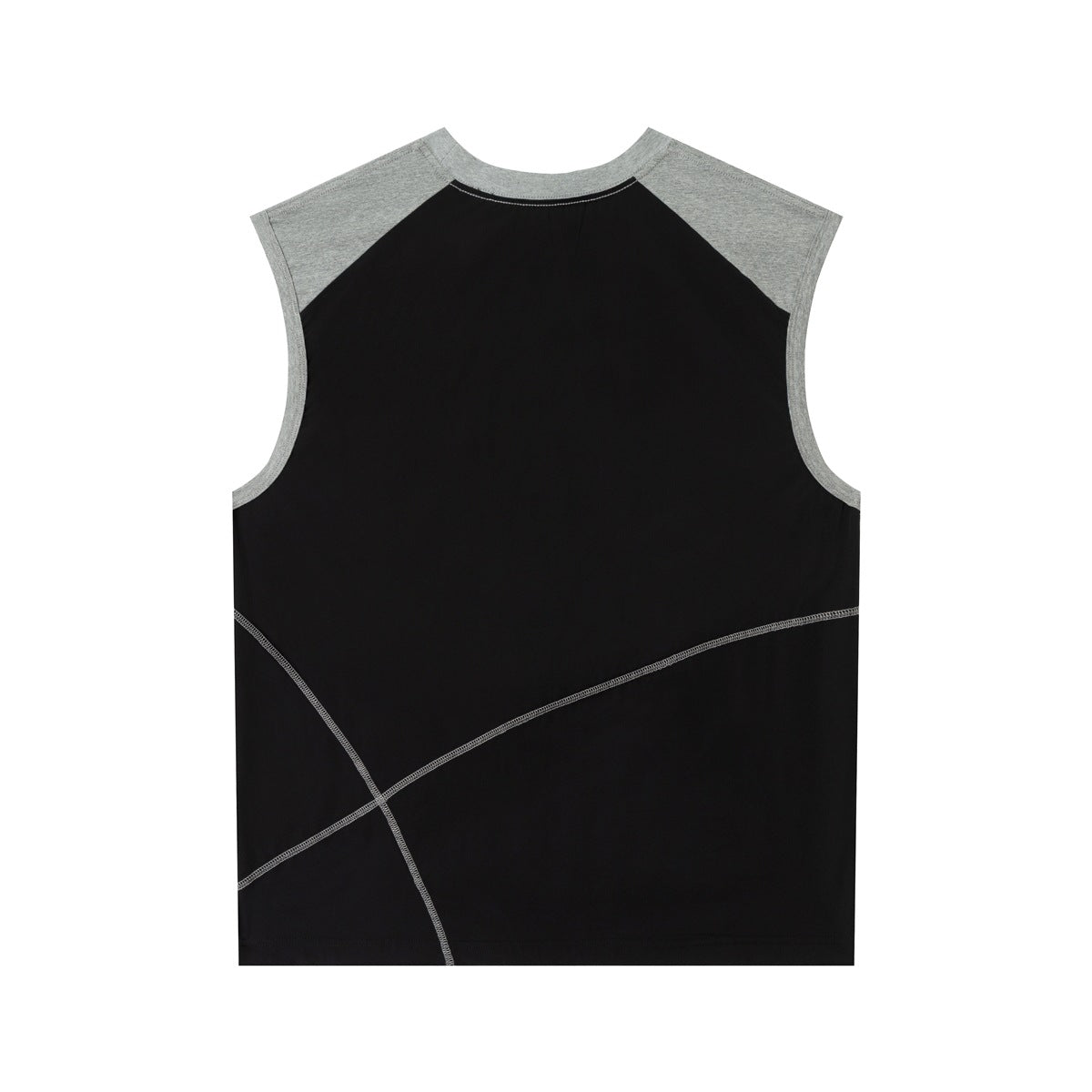 Back view of a black sleeveless top with gray shoulder panels and curved contrast seams.