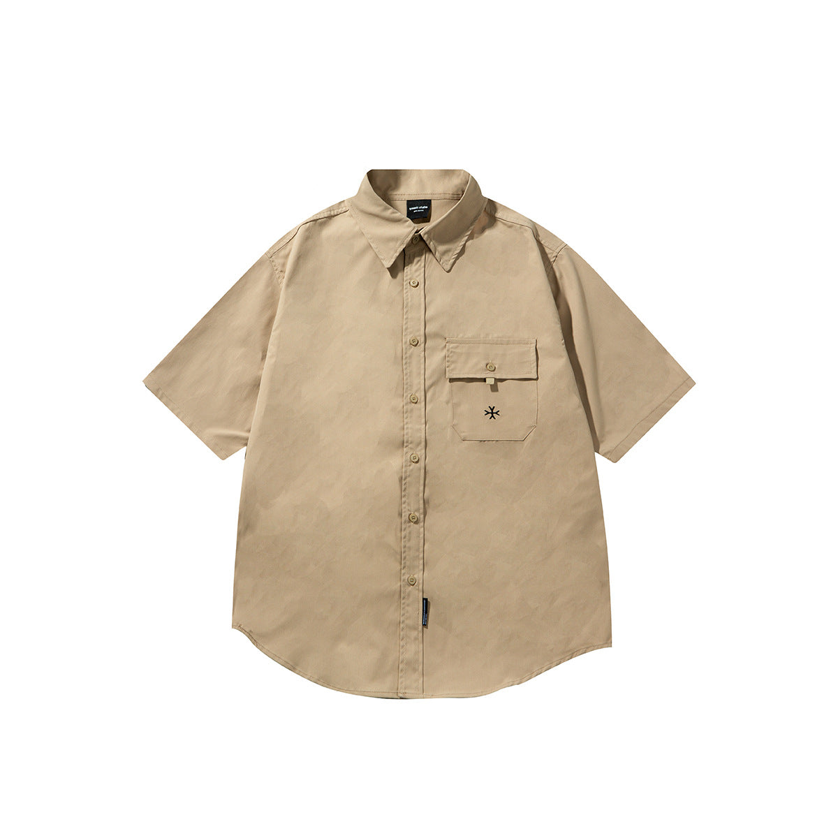 Khaki short-sleeve button-up shirt, front flat lay, with chest flap pocket and curved hem