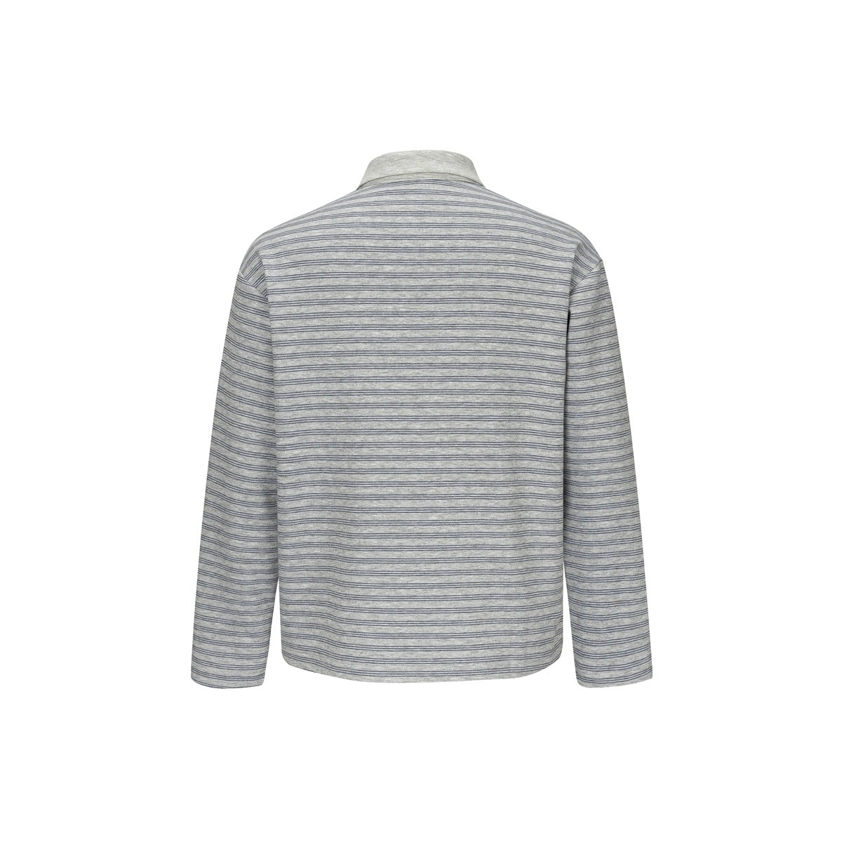 Back view of a light gray polo top with navy pinstripes, gray collar and long sleeves