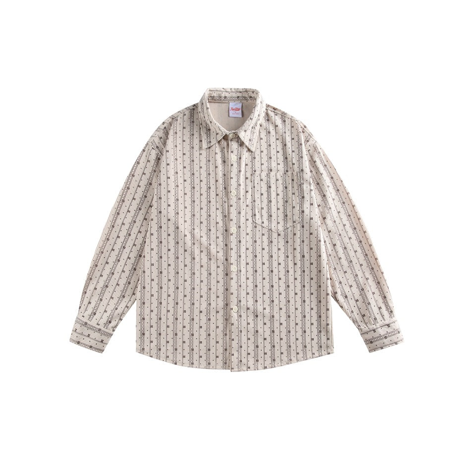 Apricot striped long-sleeve button-up shirt with chest pocket, flat lay front view