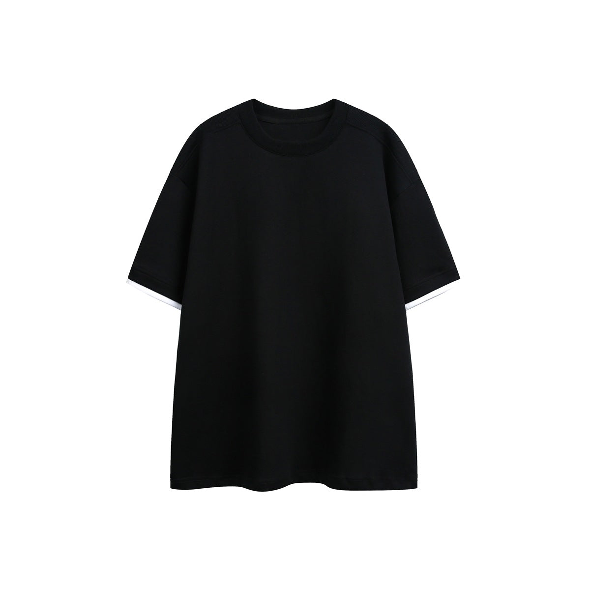 Black short-sleeve crewneck T-shirt flat lay with white layered sleeve trim