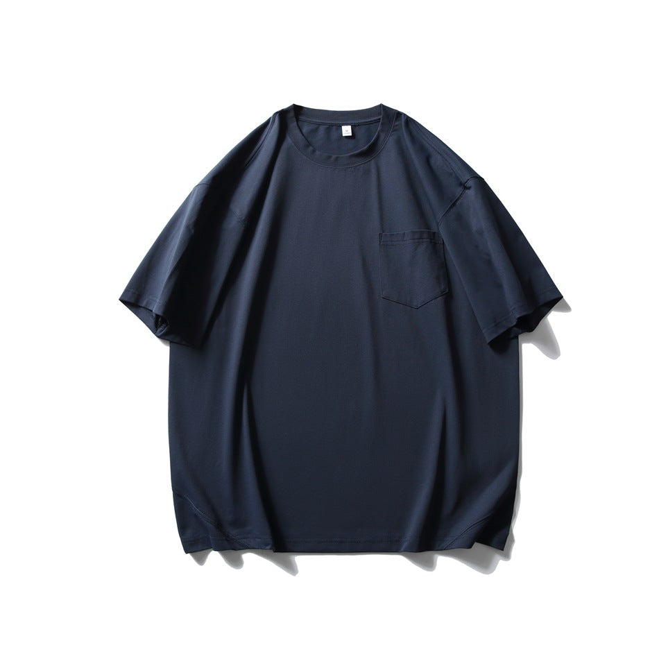 Navy short-sleeve crew neck T-shirt with chest pocket, flat lay front view