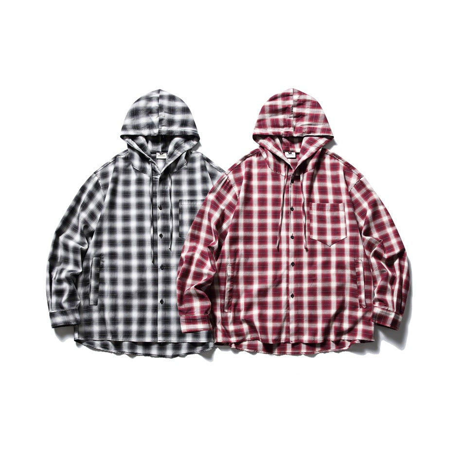 Black-and-white and red-and-white plaid hooded button-up shirts shown together from the front.