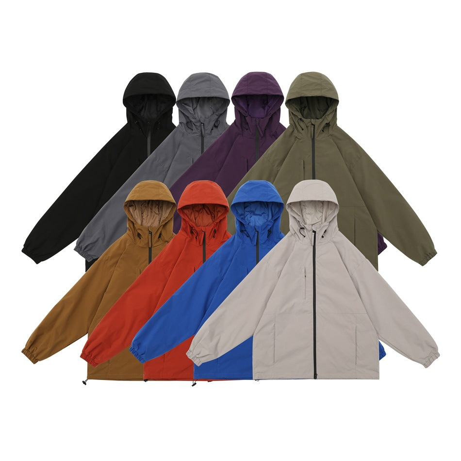 Eight hooded zip-front jackets shown together in black, gray, purple, olive, brown, red, blue, and light gray.