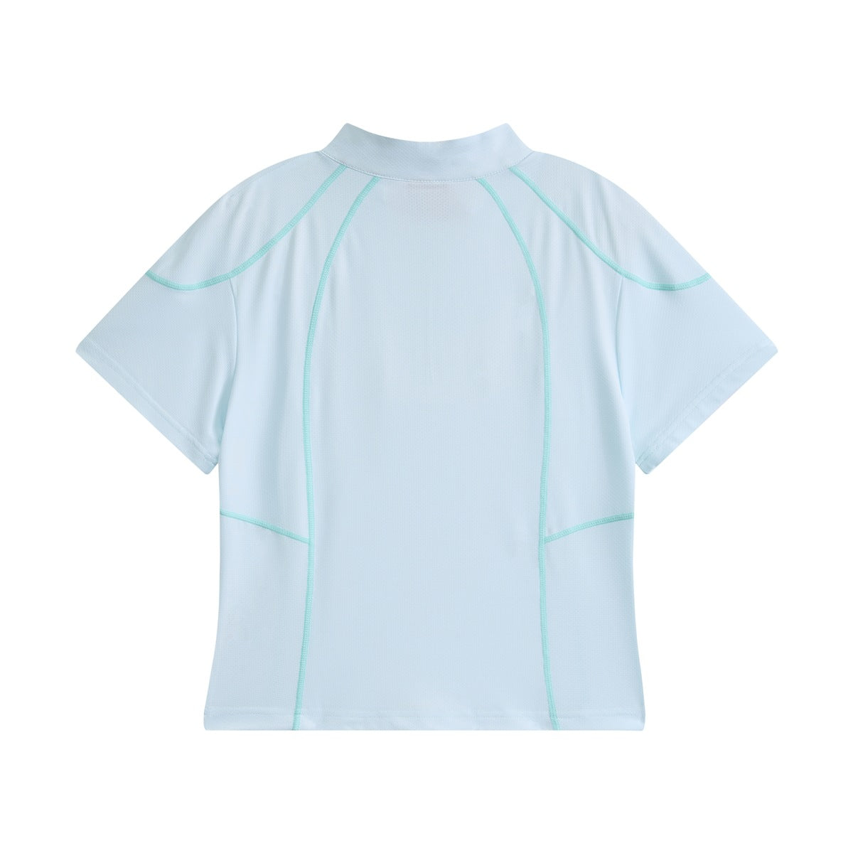 Back view of a pale blue short-sleeve top with a stand collar and mint contrast seams.