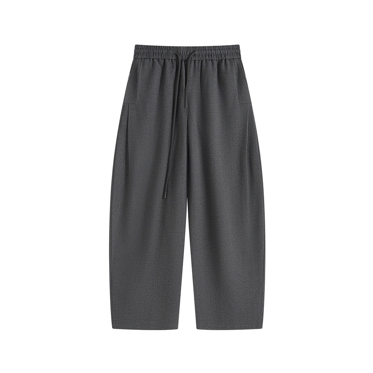 Gray wide-leg drawstring pants with elastic waistband and side pockets, flat front view