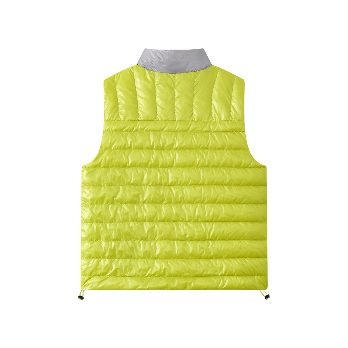 Back view of a lime-yellow quilted vest with a light gray collar and horizontal stitching.