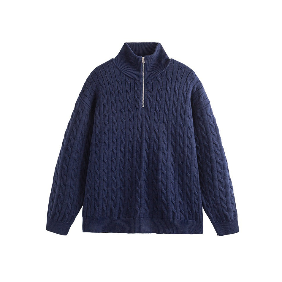 Navy cable-knit half-zip sweater with ribbed stand collar, flat front view
