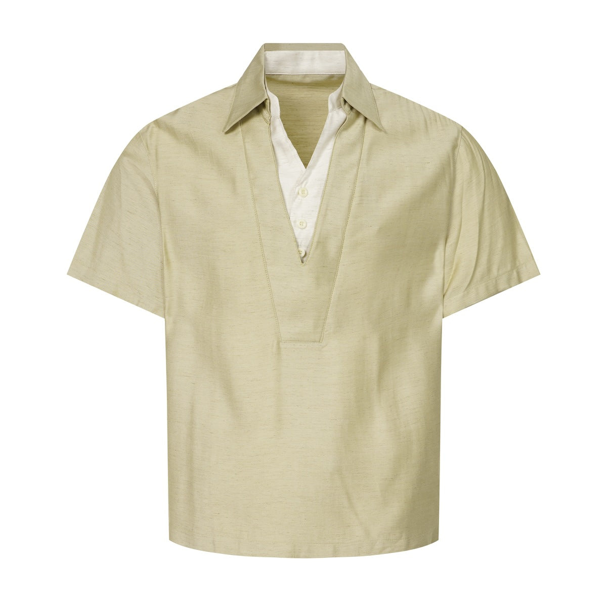 Khaki short-sleeve shirt with pointed collar and deep V front over a white buttoned inner layer, flat front view