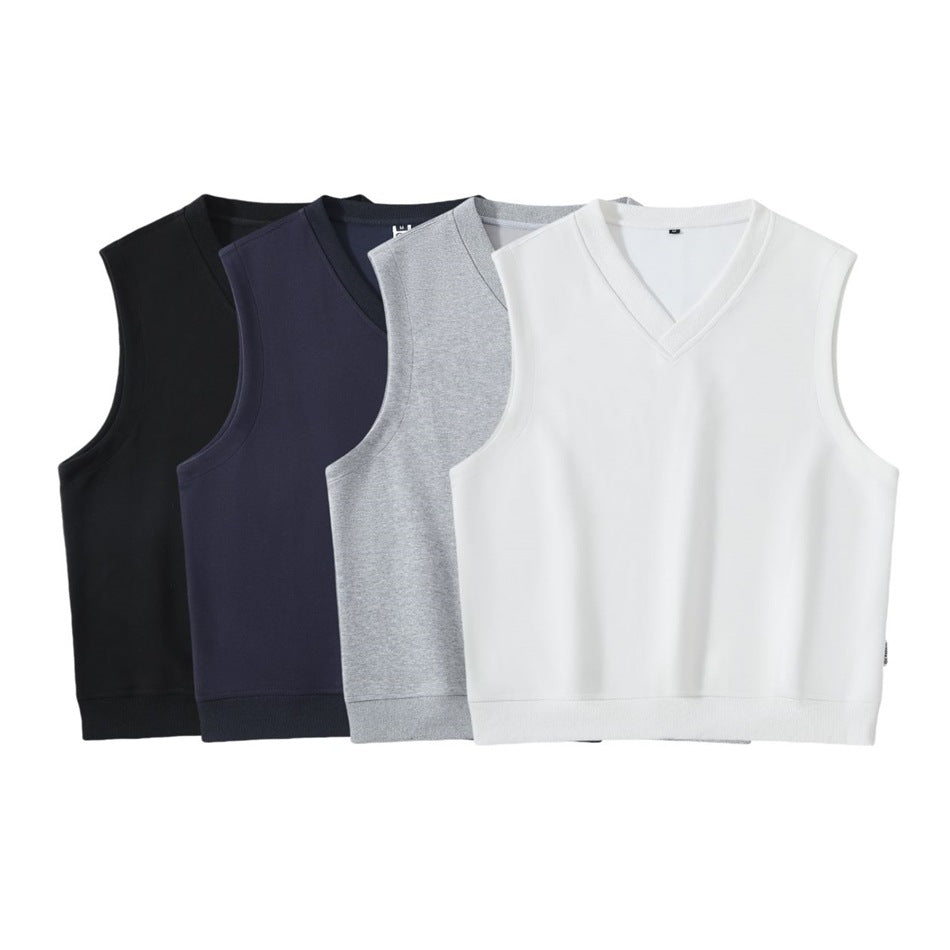 Four sleeveless V-neck vests shown together in black, navy, gray, and white.
