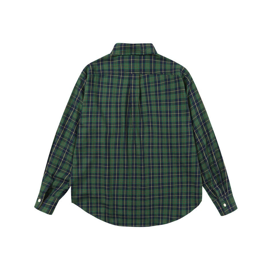 Back view of a green and navy plaid long-sleeve button-up shirt with a curved hem.