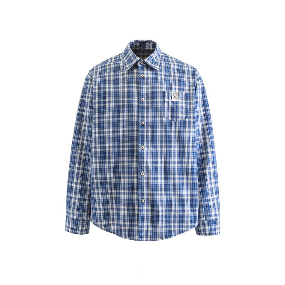 Blue and white plaid long-sleeve button-up shirt, front view flat on white background, with chest pocket and collar