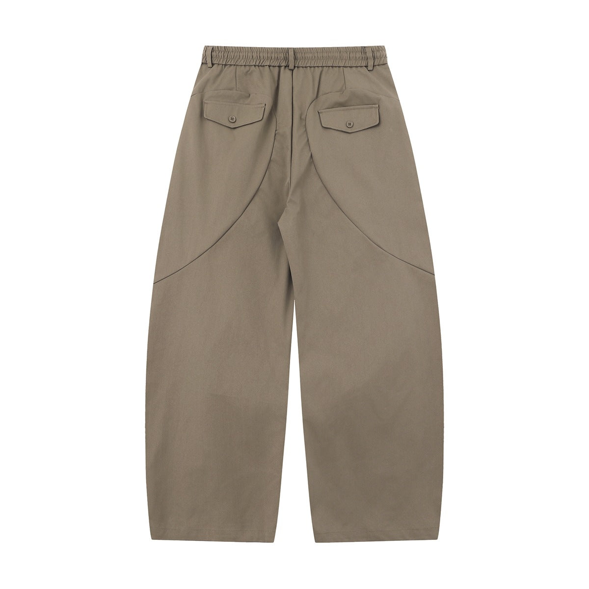 Back view of taupe wide-leg trousers with an elastic waist and two buttoned flap pockets.