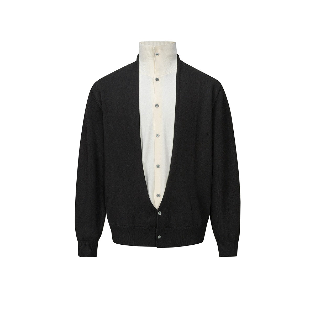 Front view of a black button-front cardigan with ribbed cuffs and hem over an ivory high-neck front.