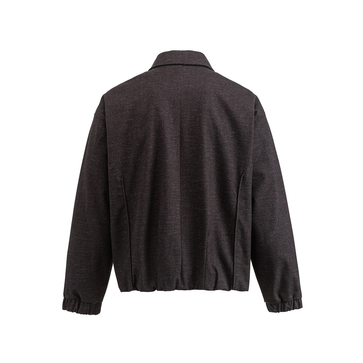 Back view of a charcoal jacket with a collar, center seam, and gathered cuffs and hem.