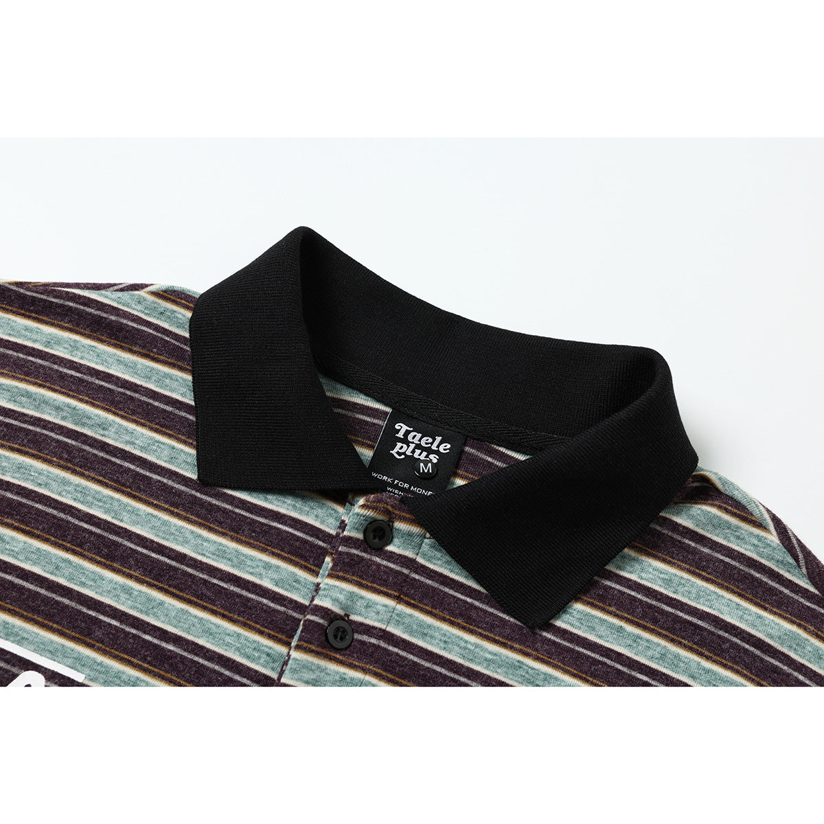 Close-up of a black polo collar and buttons on a long-sleeve shirt with teal, burgundy, cream, and mustard stripes.