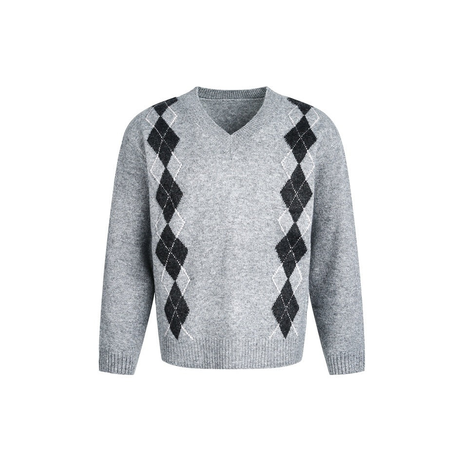 Gray V-neck argyle knit sweater with dark charcoal diamonds, white accent lines and ribbed cuffs, front view