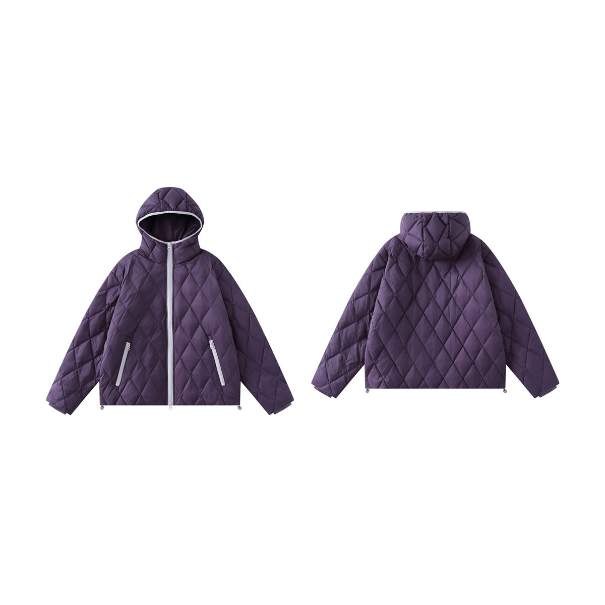 Purple diamond-quilted hooded jacket shown from front and back, with a pale center zipper and zippered pockets.