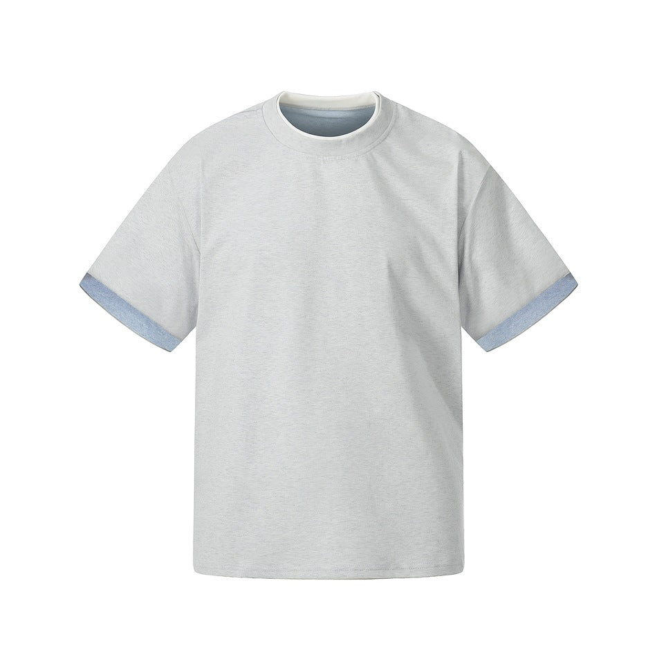 Light heather gray short-sleeve crew-neck T-shirt with light blue contrast cuffs and white neck trim, flat front view