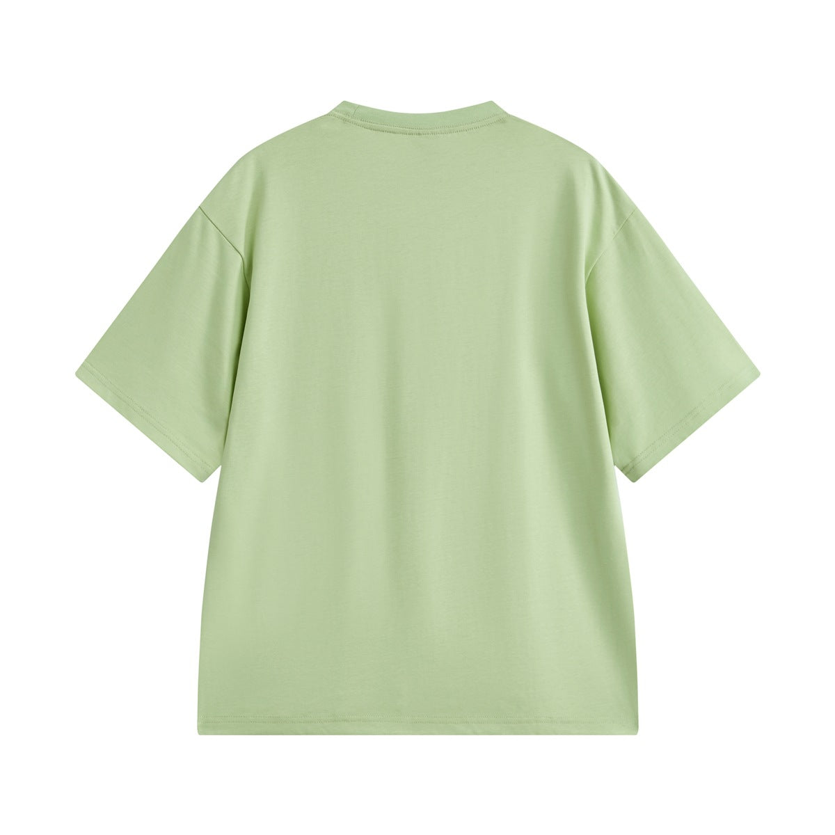 Back view of a plain pale green oversized crew-neck T-shirt with short sleeves.
