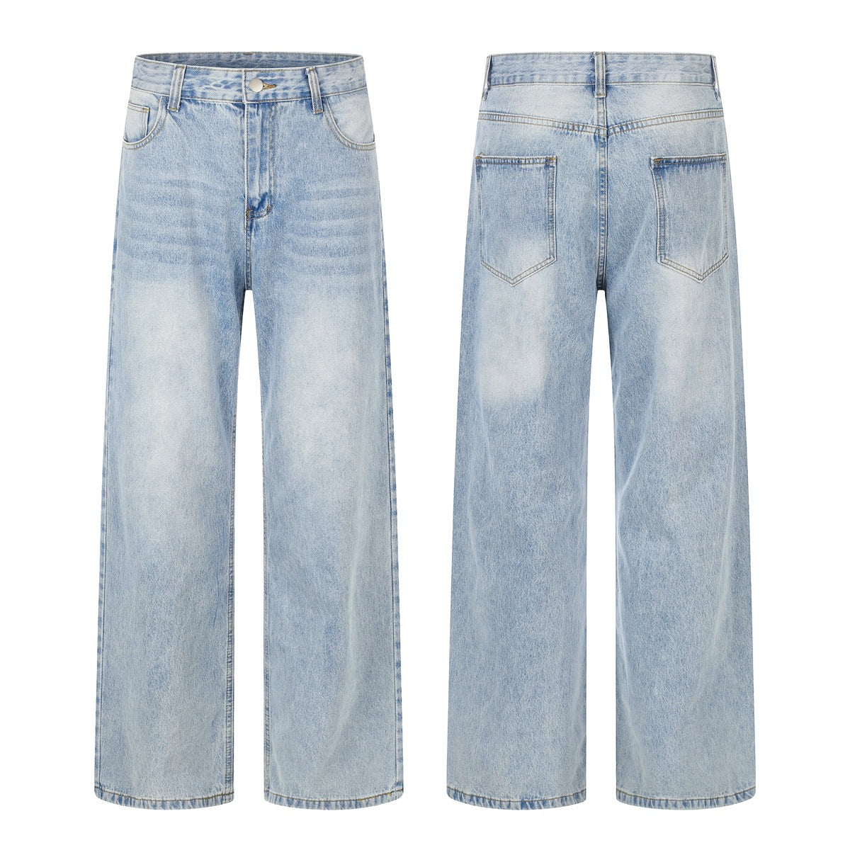 Light-wash wide-leg jeans shown from the front and back, with five-pocket styling and a button closure.