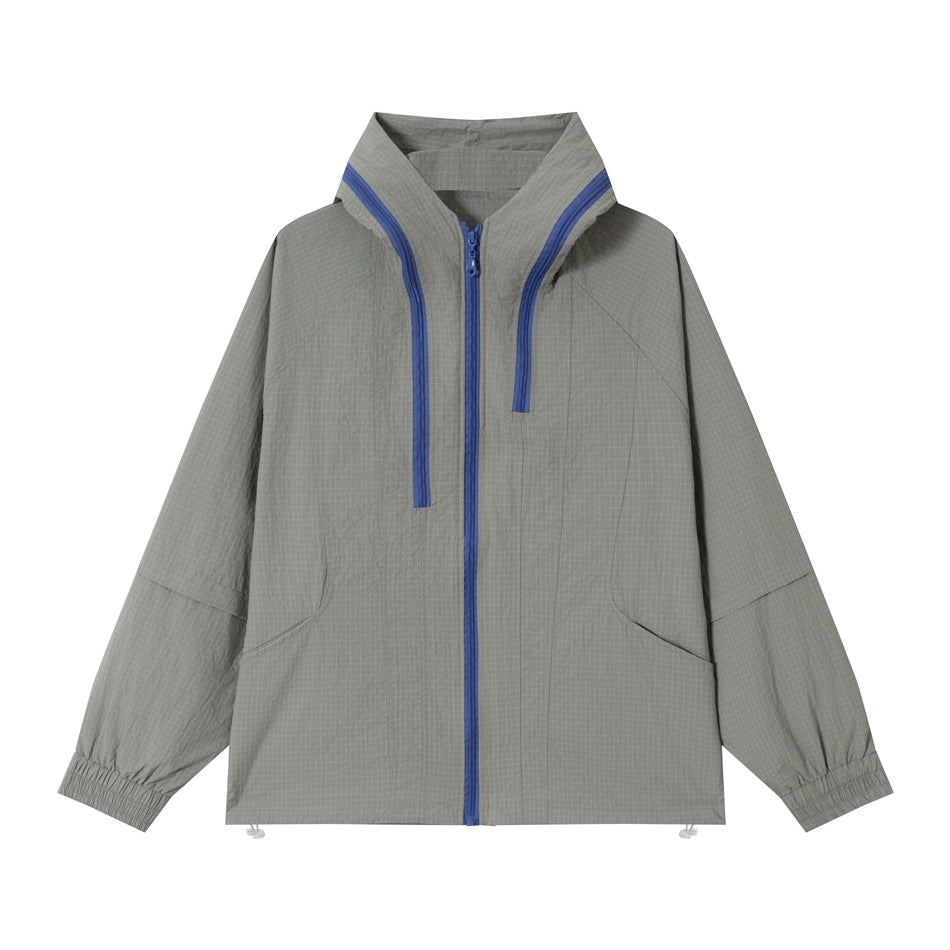 Gray hooded zip-up jacket with blue zippers, raglan sleeves, slanted pockets and elastic cuffs, flat front view