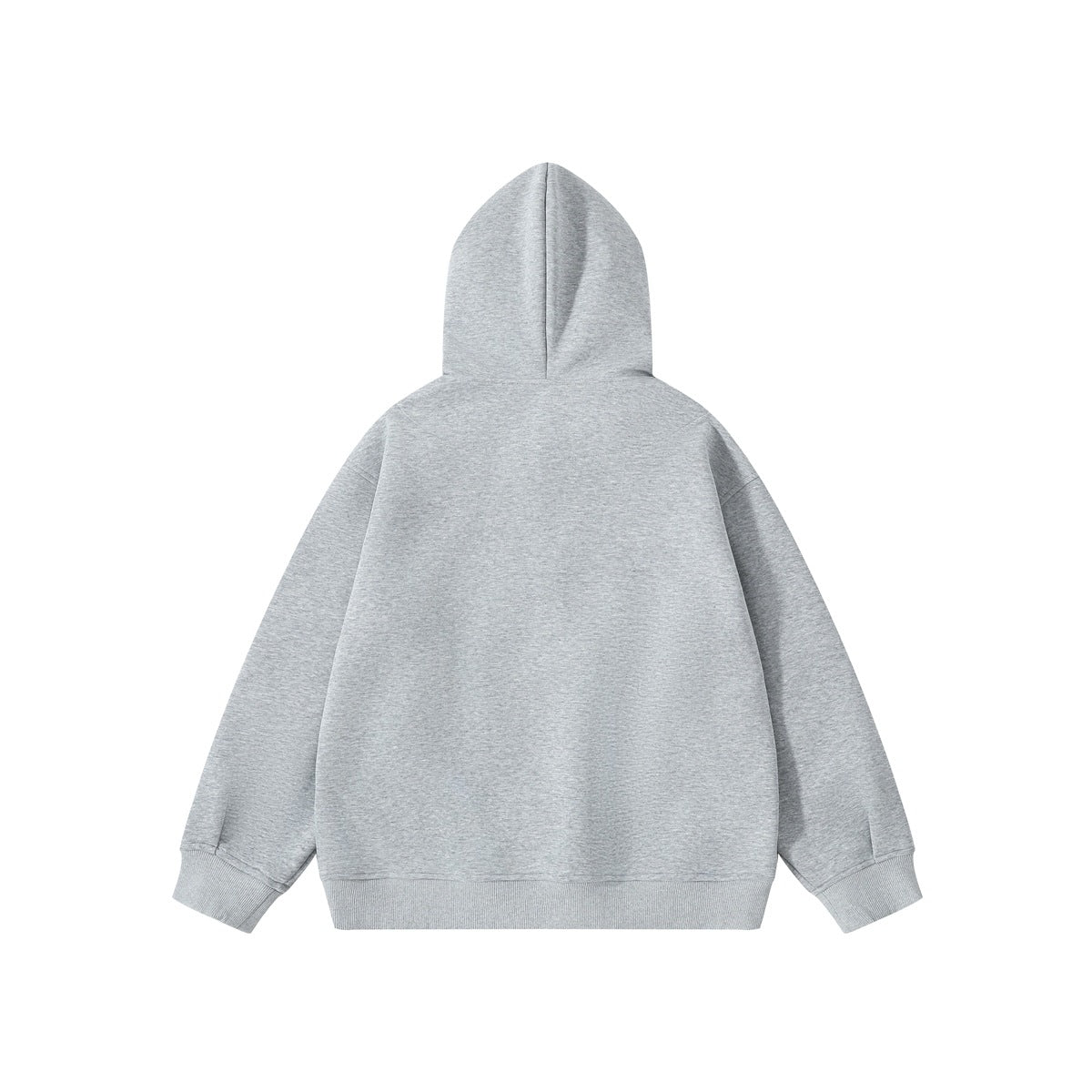 Back view of heather gray hooded sweatshirt with ribbed cuffs and hem and pleat detail at the sleeve