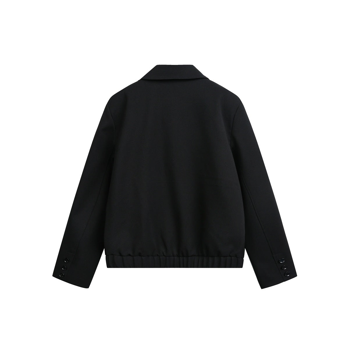 Back view of a black jacket with a folded collar, long sleeves, buttoned cuffs, and a ribbed hem.
