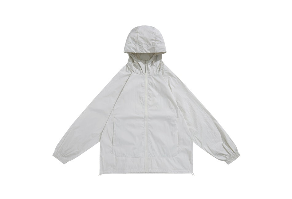 Off-white hooded zip-up jacket with raglan sleeves and drawcord hem, flat front view