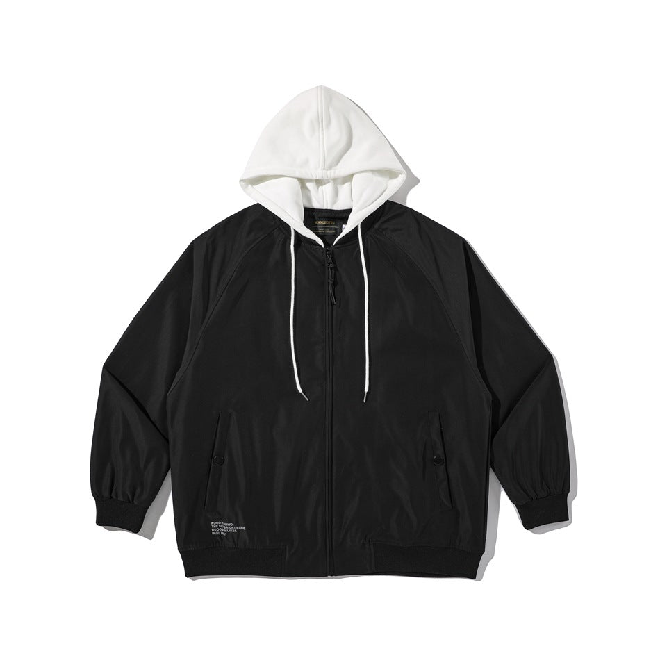 Black zip-front bomber jacket with white hood, white drawcords, ribbed cuffs and hem, and snap-tab front pockets