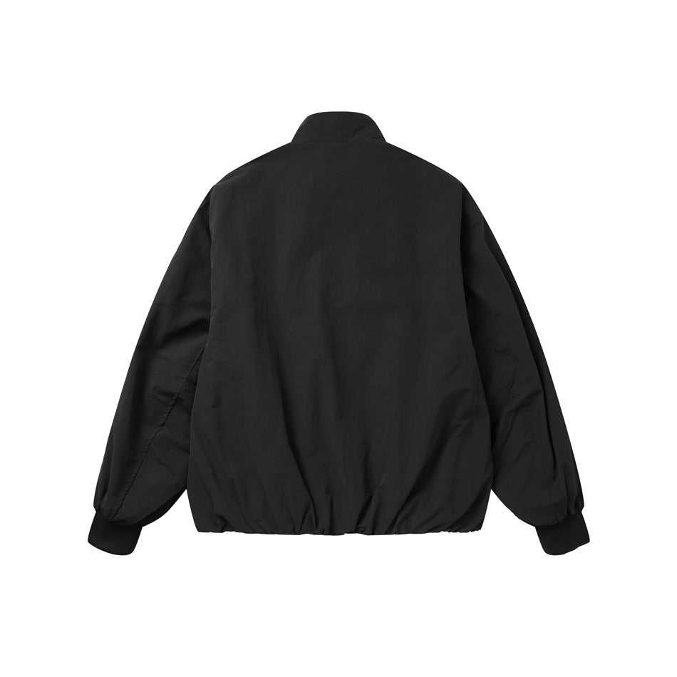 Black stand-collar jacket, flat back view with ribbed cuffs and gathered hem