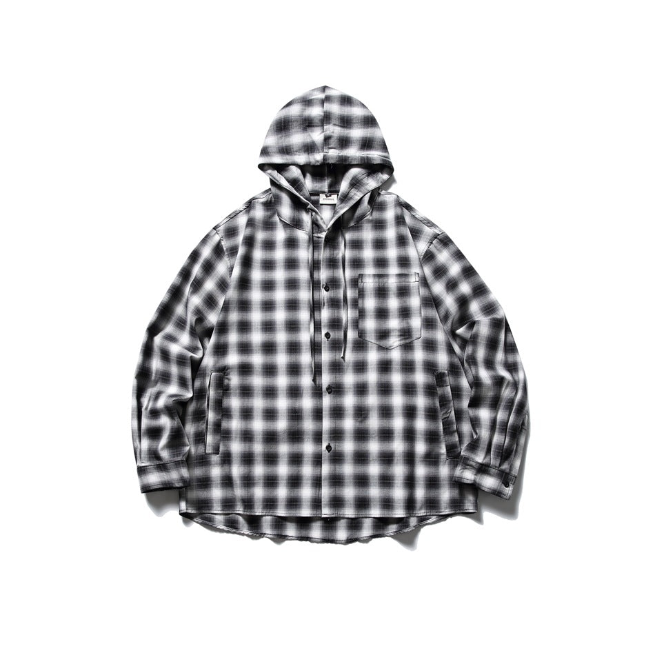 Black and white plaid hooded button-up shirt jacket with chest pocket and drawstrings, flat lay front view