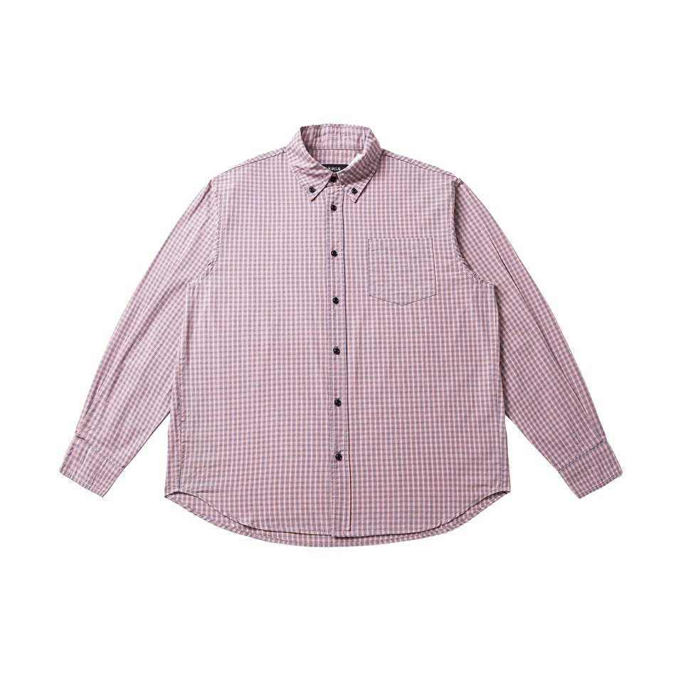 Pink and blue small-check long-sleeve button-down shirt, flat front view with chest pocket and black buttons