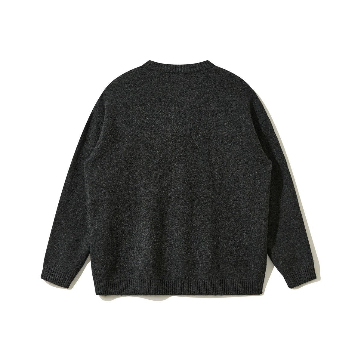 Back view of a charcoal crew-neck sweater with long sleeves and ribbed cuffs and hem.