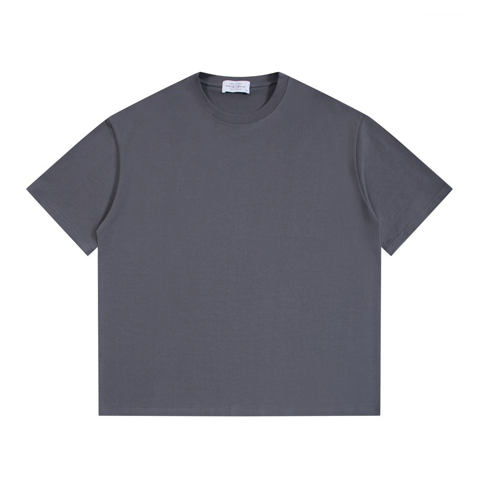 Gray short-sleeve crew neck T-shirt laid flat, front view, with a small neck label