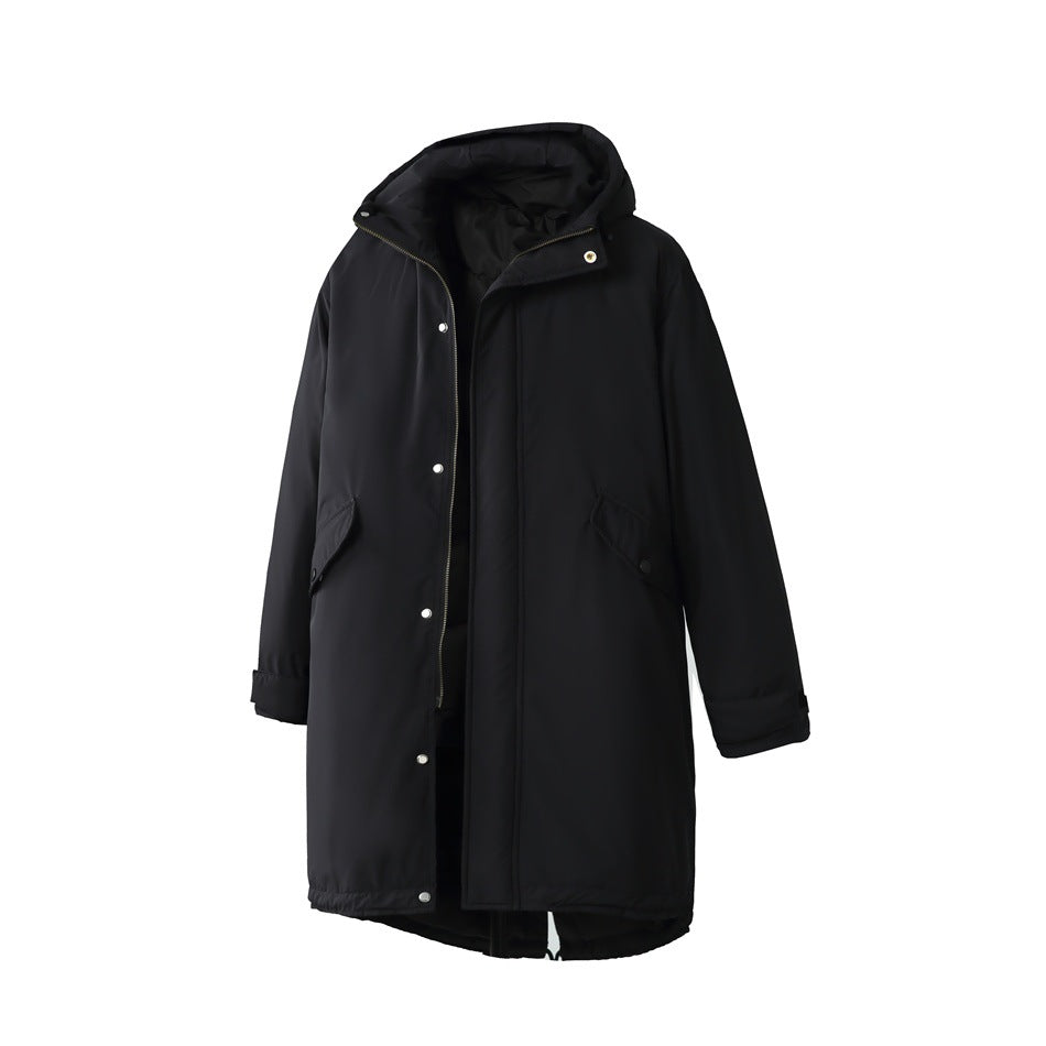Navy black long hooded padded jacket, partly unzipped, with snap placket, flap pockets and tabbed cuffs on white background