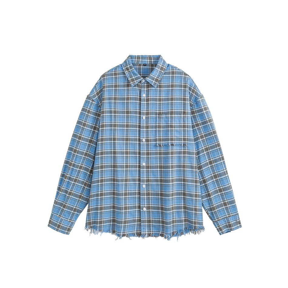 Blue and gray plaid long-sleeve button-up shirt with chest pocket and frayed hem, flat front view