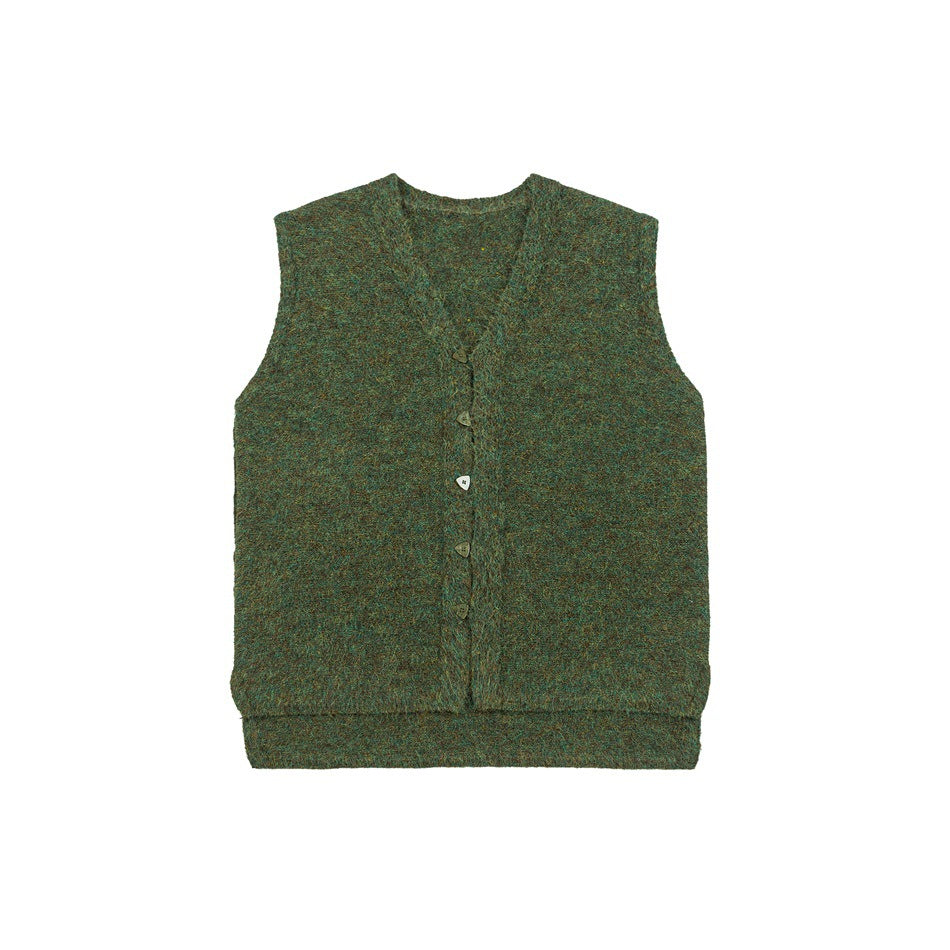 Green marled knit V-neck vest with five triangular buttons, shown flat from the front