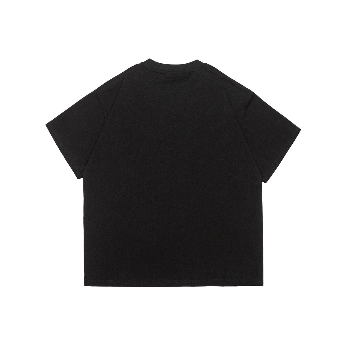 Back view of a plain black short-sleeve crew-neck T-shirt.