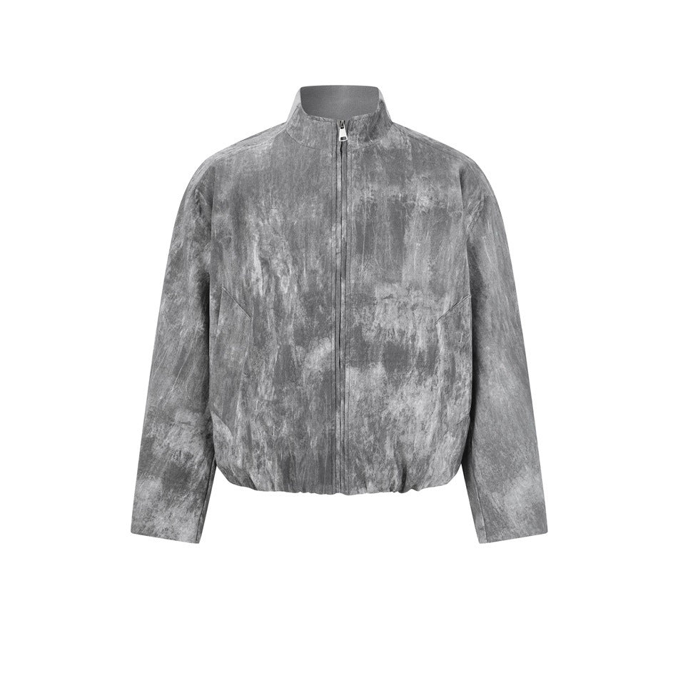 Dark gray cropped zip jacket with stand collar and mottled distressed finish, front flat view