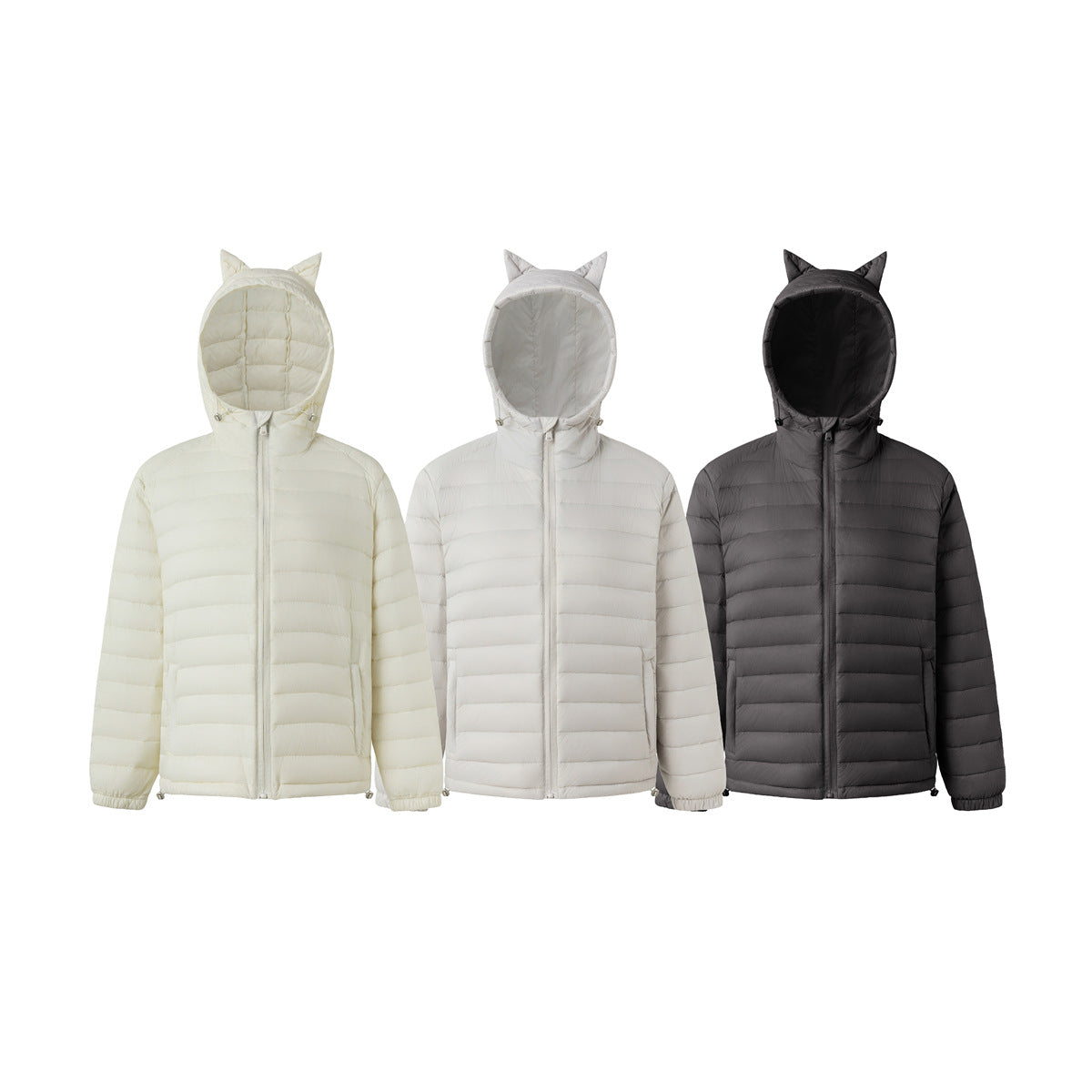 Three front views of a cat-ear hooded quilted jacket in ivory, light gray, and charcoal.