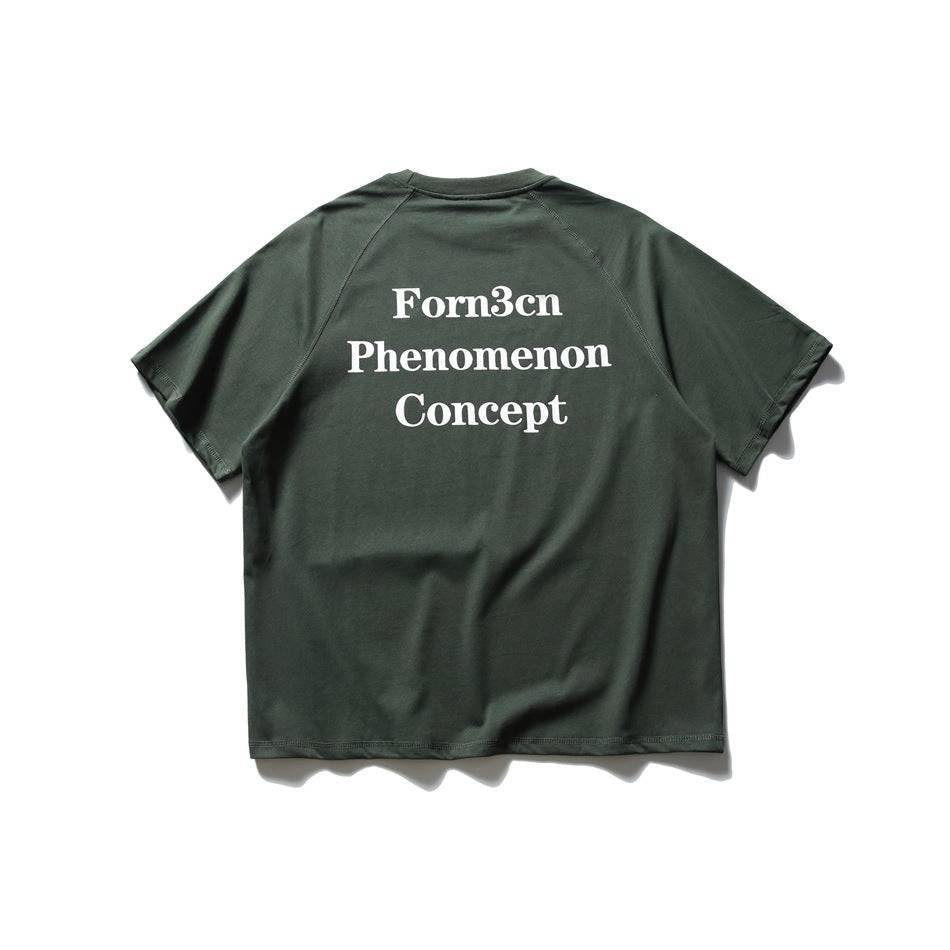 Back of dark green raglan-sleeve T-shirt with white serif text print