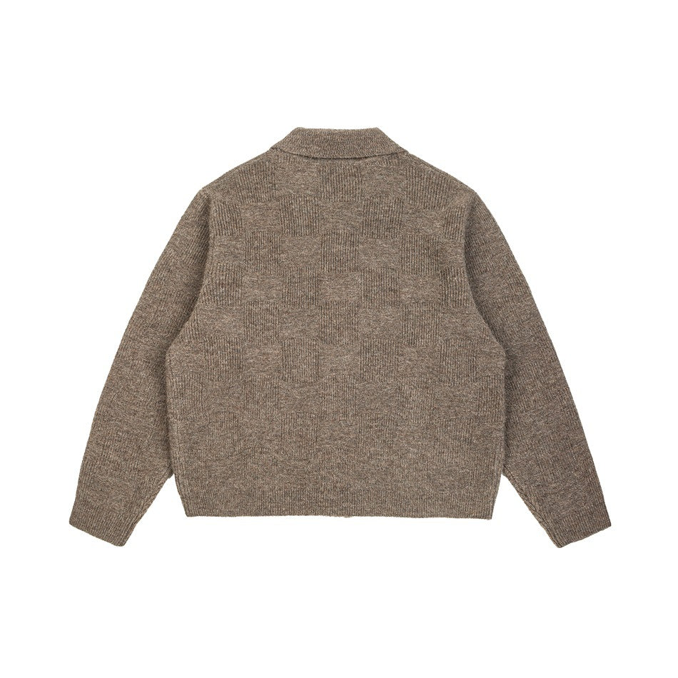 Back view of a brown knit cardigan with a collar, long sleeves, and ribbed hem and cuffs.