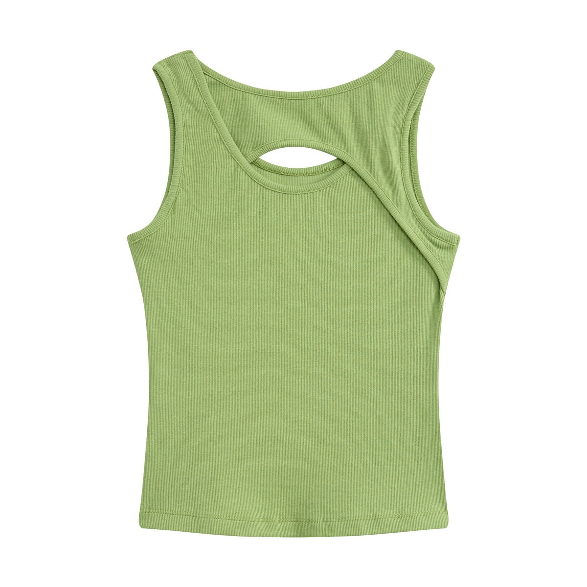 Apple green ribbed sleeveless tank top flat lay showing crossover back with oval cutout