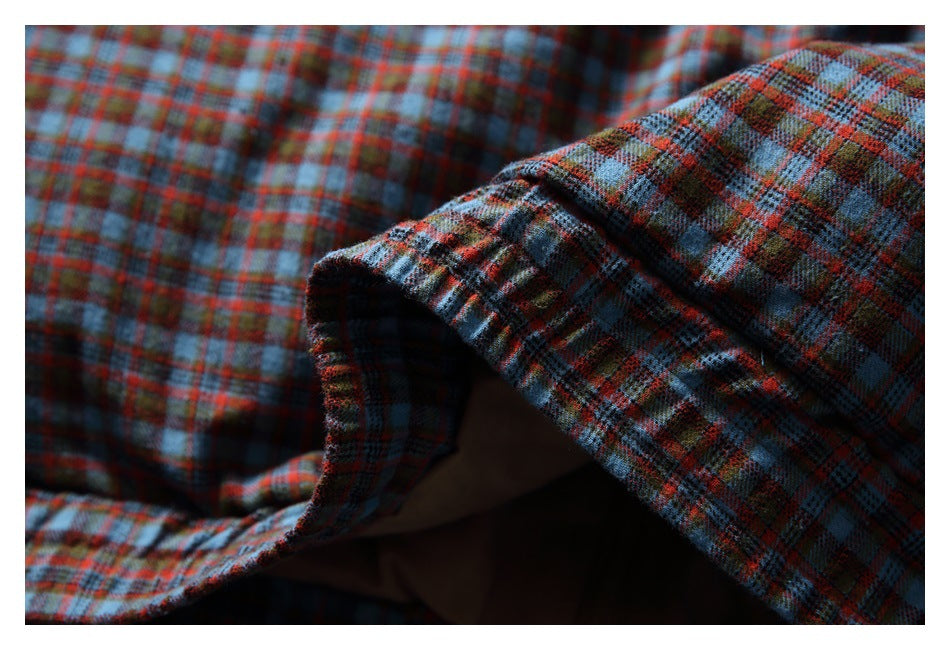 Close-up of the plaid jacket sleeve cuff and its gathered edge.
