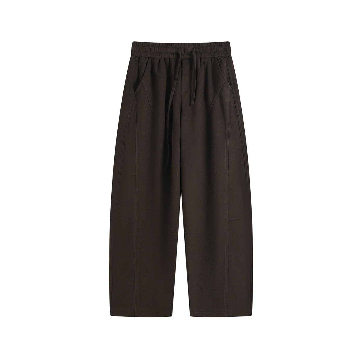 Flat-lay front view of brown wide-leg drawstring pants with slanted pockets and curved leg seams