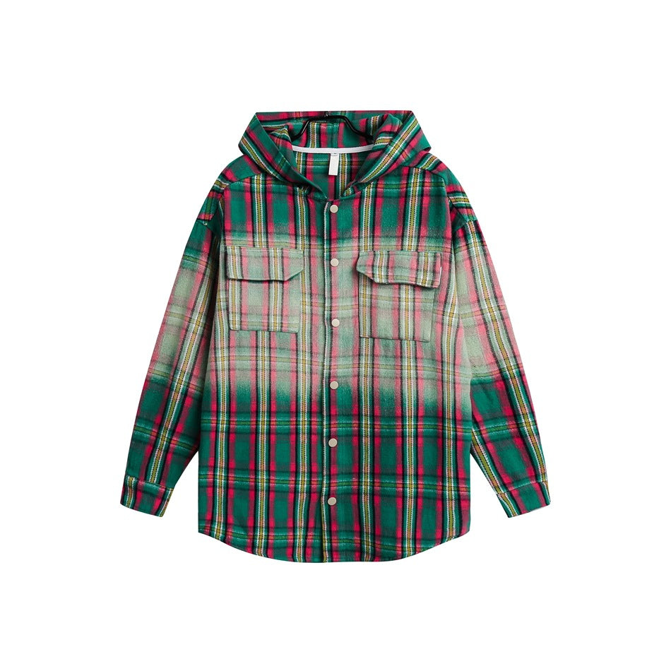 Green and pink plaid hooded shirt jacket with snap front and two flap chest pockets, flat lay on white